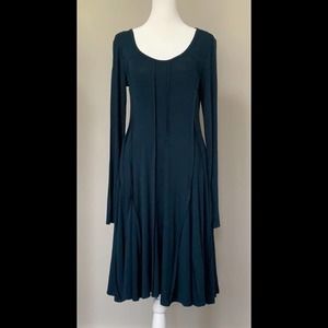 Vivienne Tam teal stretch jersey midi dress fit & flare raw edge seams size S